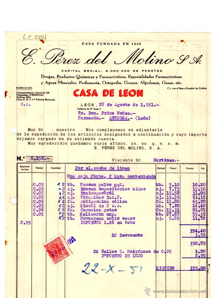 Old Invoices: FACTURA.E.PEREZ DEL MOLINO, S.A.FARMACIA,LEON 1951.