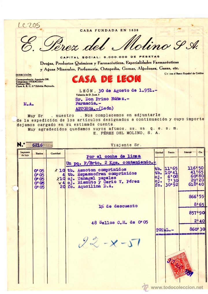 Old Invoices: FACTURA.E.PEREZ DEL MOLINO, S.A.FARMACIA,LEON 1951.
