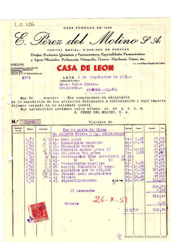 Old Invoices: FACTURA.E.PEREZ DEL MOLINO, S.A.FARMACIA,LEON 1951.