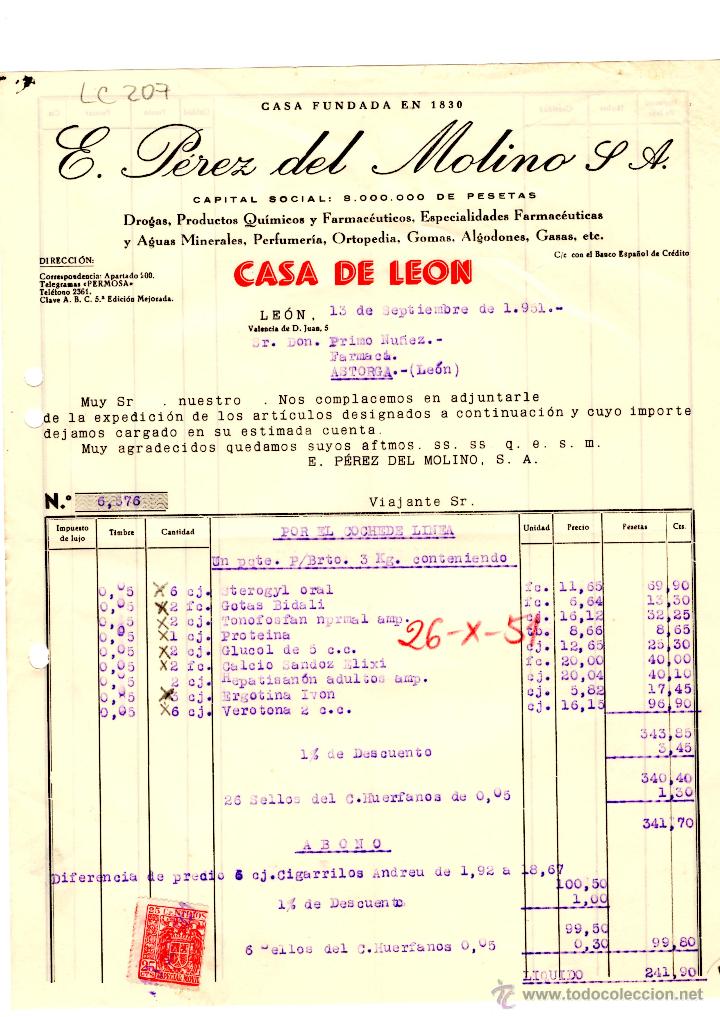 Old Invoices: FACTURA.E.PEREZ DEL MOLINO, S.A.FARMACIA,LEON 1951.
