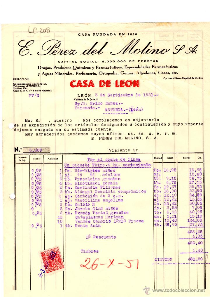 Old Invoices: FACTURA.E.PEREZ DEL MOLINO, S.A.FARMACIA,LEON 1951.