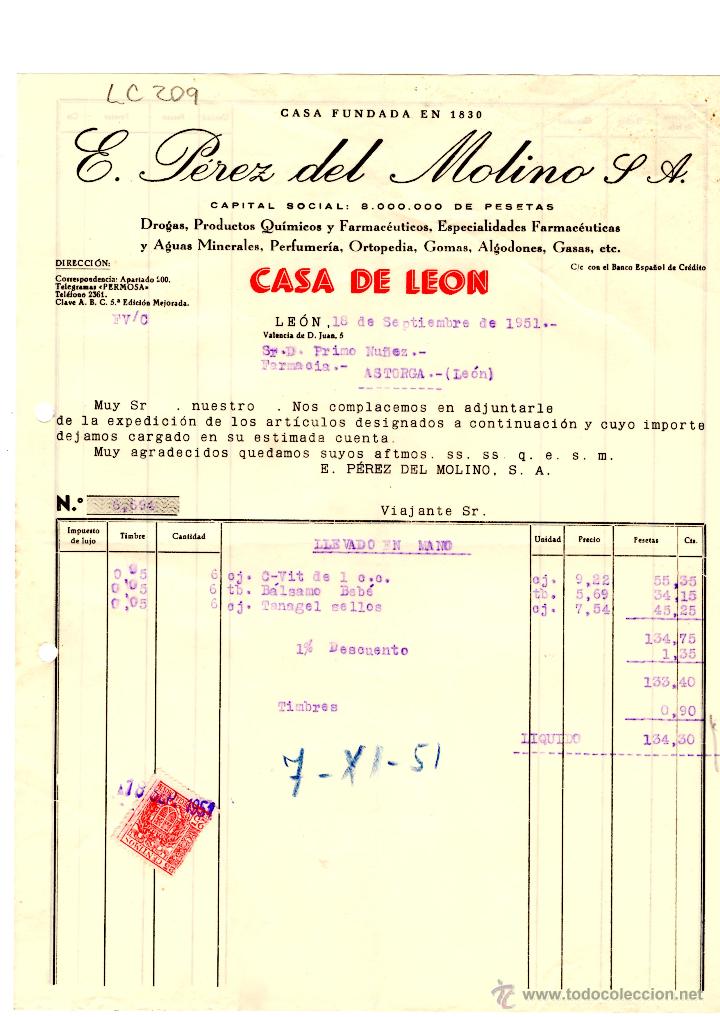 Old Invoices: FACTURA.E.PEREZ DEL MOLINO, S.A.FARMACIA,LEON 1956.