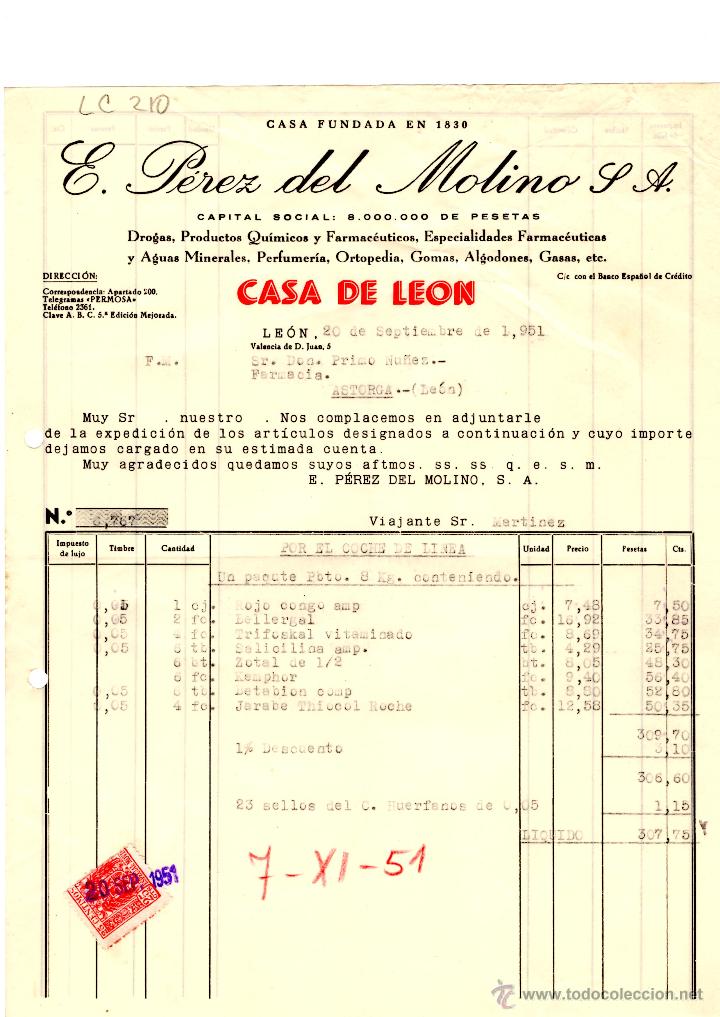 Old Invoices: FACTURA.E.PEREZ DEL MOLINO, S.A.FARMACIA,LEON 1951.