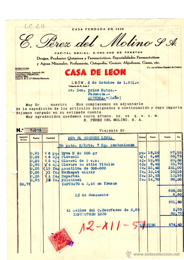 Old Invoices: FACTURA.E.PEREZ DEL MOLINO, S.A.FARMACIA,LEON 1951.