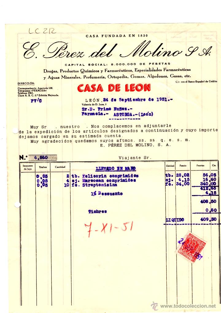 Old Invoices: FACTURA.E.PEREZ DEL MOLINO, S.A.FARMACIA,LEON 1951.