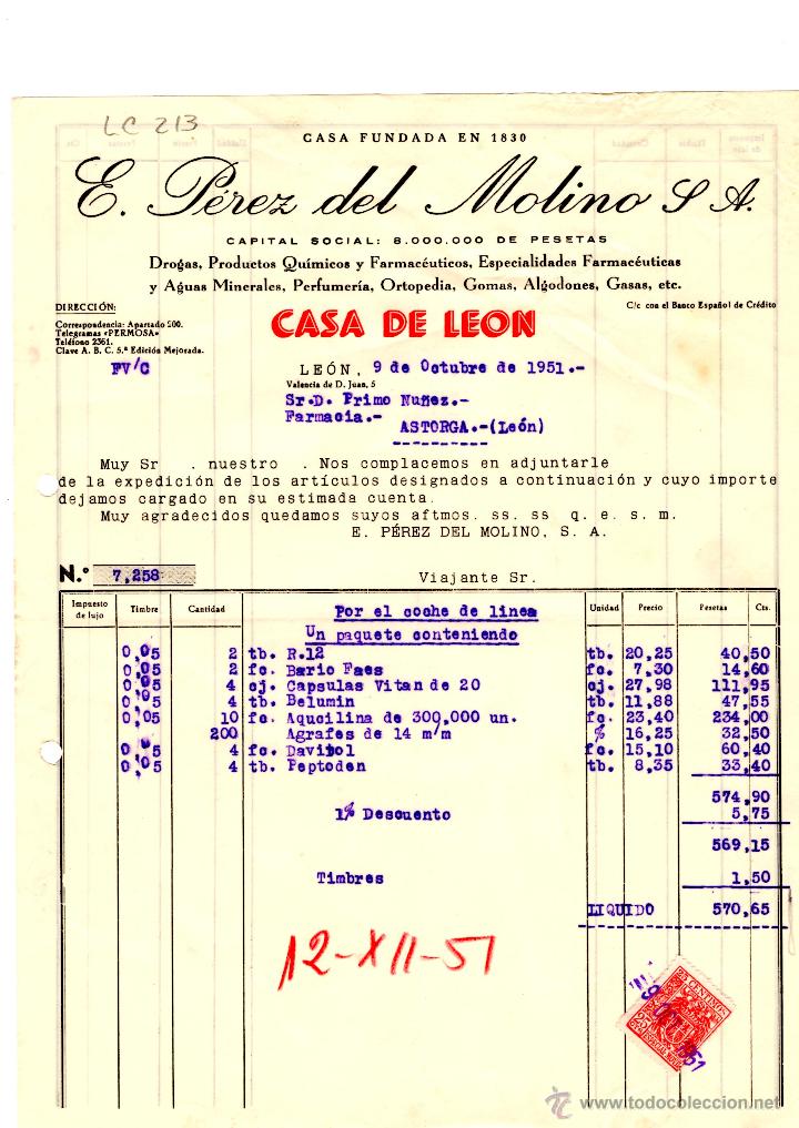 Old Invoices: FACTURA.E.PEREZ DEL MOLINO, S.A.FARMACIA,LEON 1951.