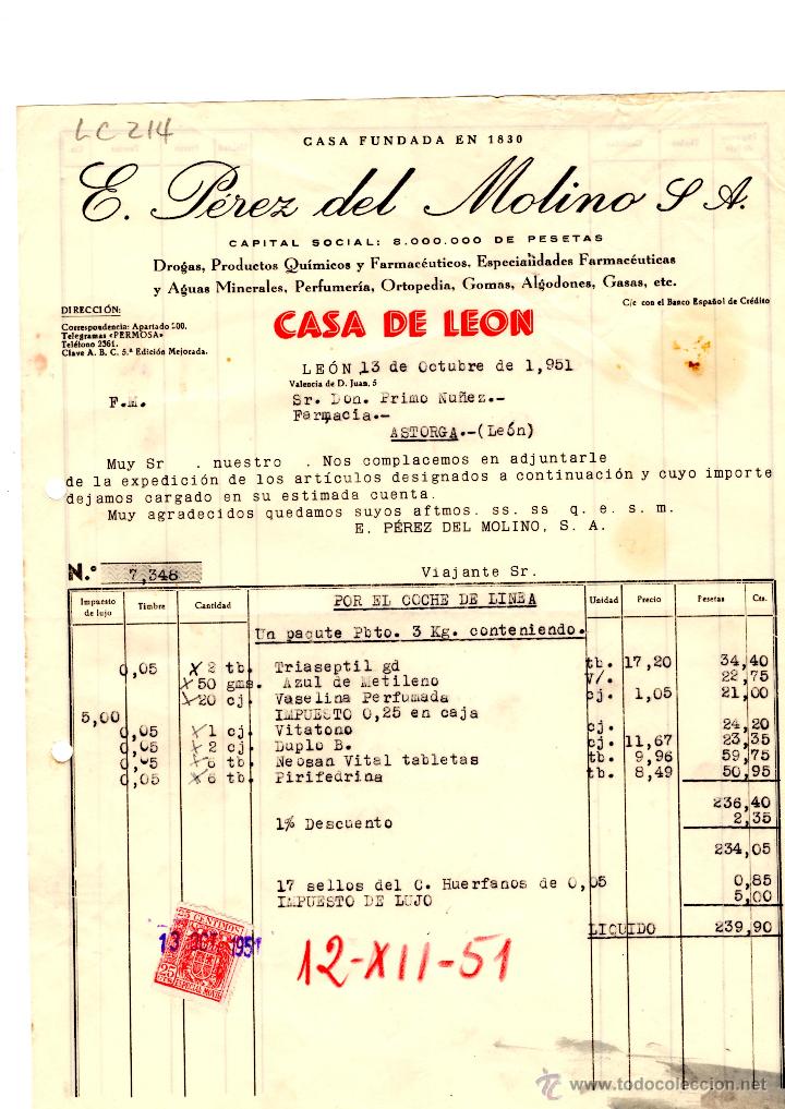 Old Invoices: FACTURA.E.PEREZ DEL MOLINO, S.A.FARMACIA,LEON 1951.