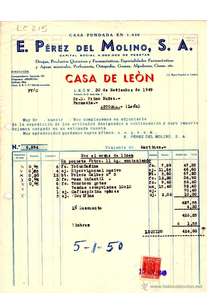 Old Invoices: FACTURA.E.PEREZ DEL MOLINO, S.A.FARMACIA,LEON 1950.