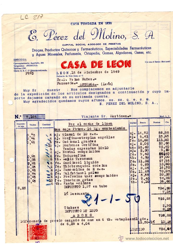 Old Invoices: FACTURA.E.PEREZ DEL MOLINO, S.A.FARMACIA,LEON 1950.