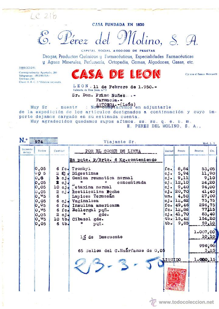 Old Invoices: FACTURA.E.PEREZ DEL MOLINO, S.A.FARMACIA,LEON 1950.