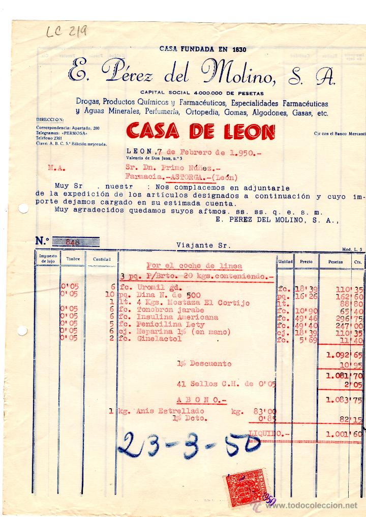 Old Invoices: FACTURA.E.PEREZ DEL MOLINO, S.A.FARMACIA,LEON 1950.