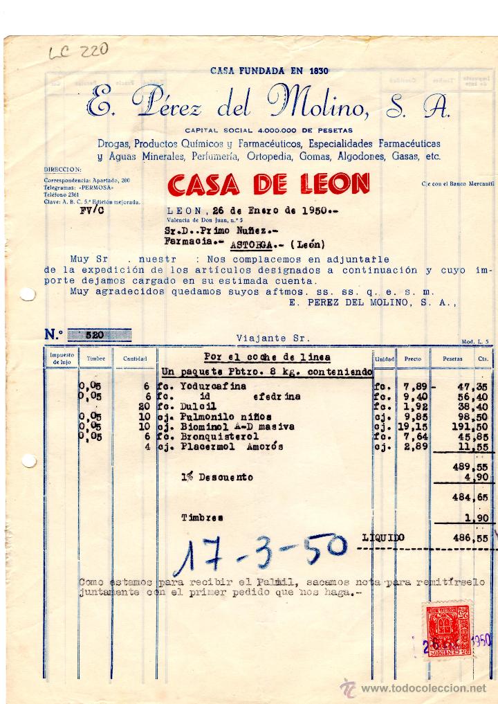 Old Invoices: FACTURA.E.PEREZ DEL MOLINO, S.A.FARMACIA,LEON 1950.