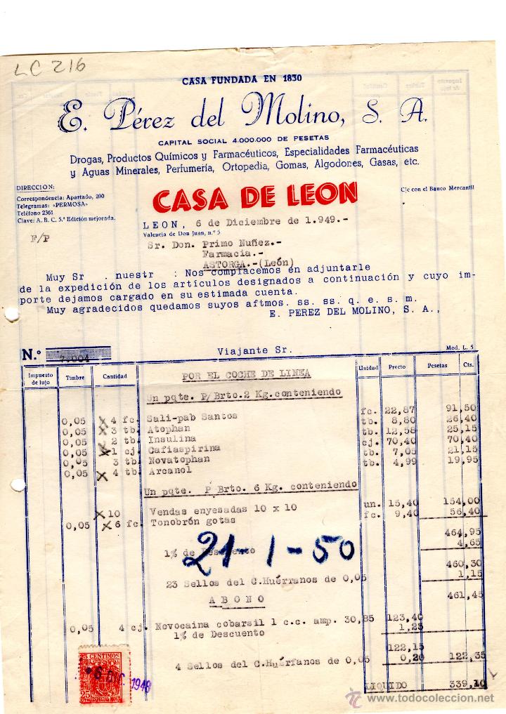Old Invoices: FACTURA.E.PEREZ DEL MOLINO, S.A.FARMACIA,LEON 1950.