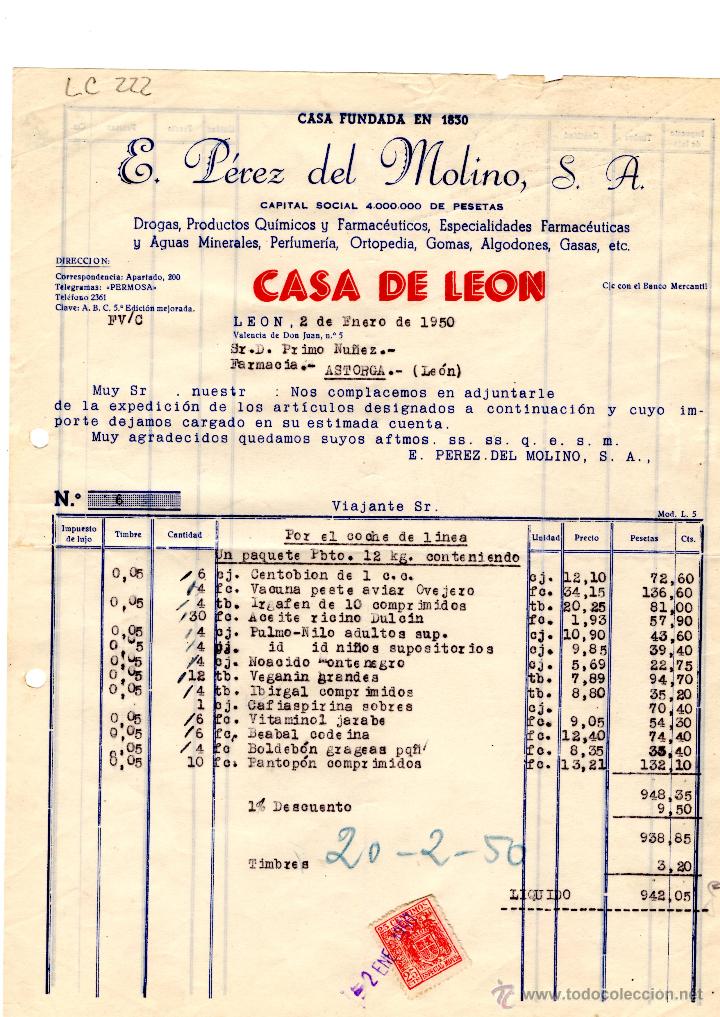 Old Invoices: FACTURA.E.PEREZ DEL MOLINO, S.A.FARMACIA,LEON 1950.