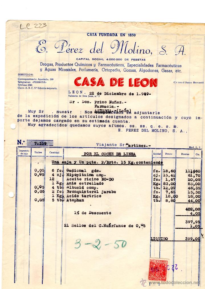 Old Invoices: FACTURA.E.PEREZ DEL MOLINO, S.A.FARMACIA,LEON 1950.