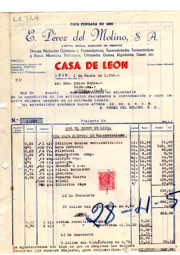Old Invoices: FACTURA.E.PEREZ DEL MOLINO, S.A.FARMACIA,LEON 1950.