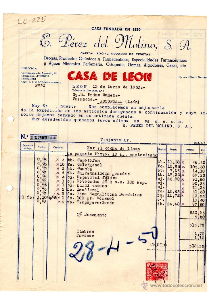 Old Invoices: FACTURA.E.PEREZ DEL MOLINO, S.A.FARMACIA,LEON 1950.