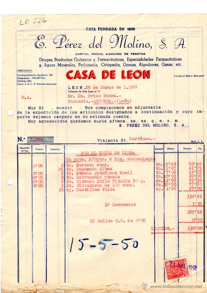 Old Invoices: FACTURA.E.PEREZ DEL MOLINO, S.A.FARMACIA,LEON 1950.