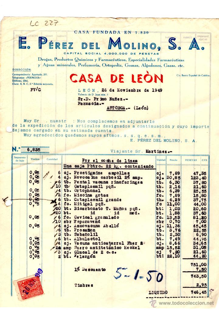 Old Invoices: FACTURA.E.PEREZ DEL MOLINO, S.A.FARMACIA,LEON 1950.