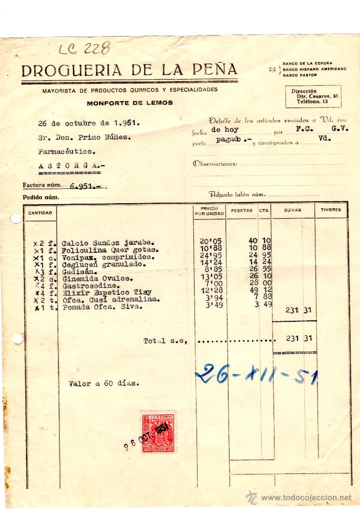 Old Invoices: FACTURA.DROGUERIA DE LA PE&Ntilde;A. FARMACIA,ASTORGA,1951.