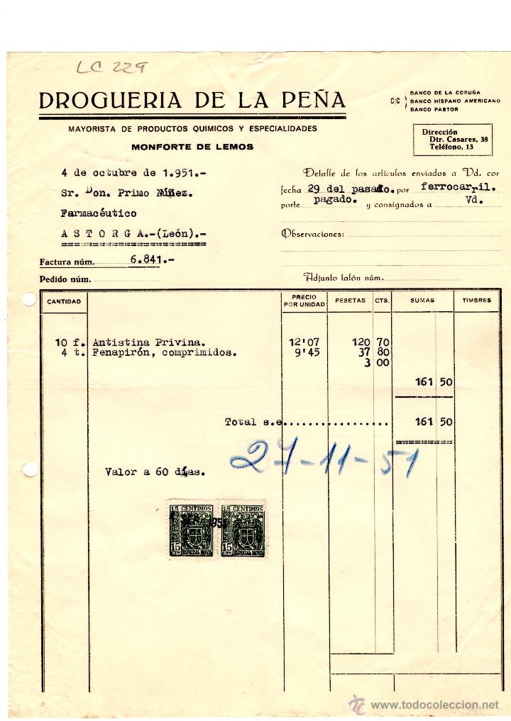 Old Invoices: FACTURA.DROGUERIA DE LA PE&Ntilde;A. FARMACIA,ASTORGA,1951.