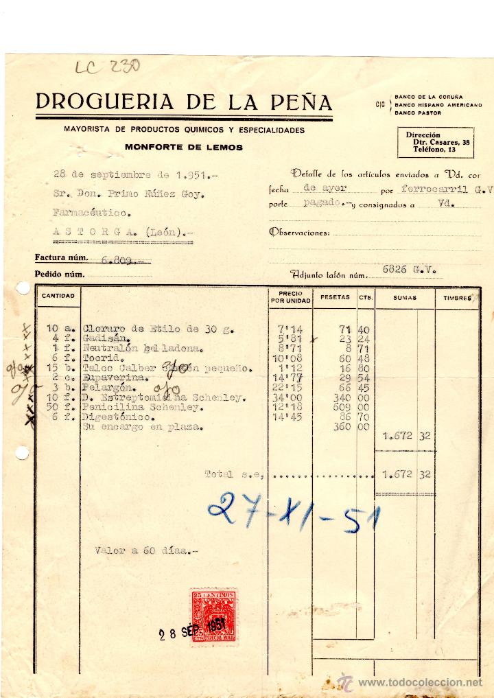 Old Invoices: FACTURA.DROGUERIA DE LA PE&Ntilde;A. FARMACIA,ASTORGA,1951.
