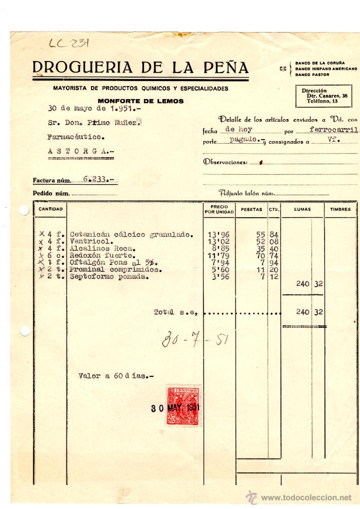 Old Invoices: FACTURA.DROGUERIA DE LA PE&Ntilde;A. FARMACIA,ASTORGA,1951.