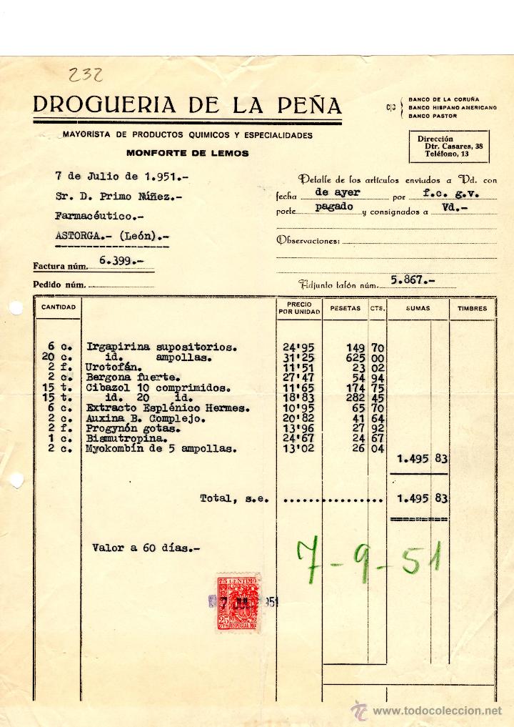 Old Invoices: FACTURA.DROGUERIA DE LA PE&Ntilde;A. FARMACIA,ASTORGA,1951.