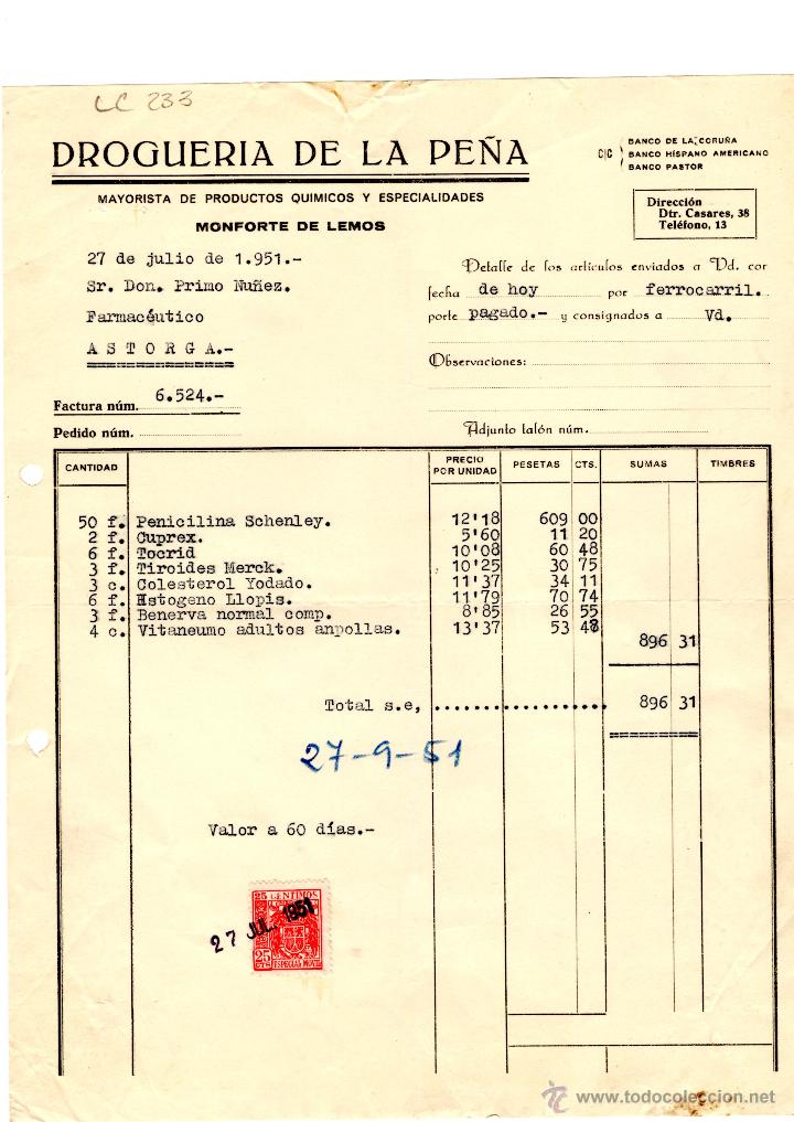 Old Invoices: FACTURA.DROGUERIA DE LA PE&Ntilde;A. FARMACIA,ASTORGA,1951.