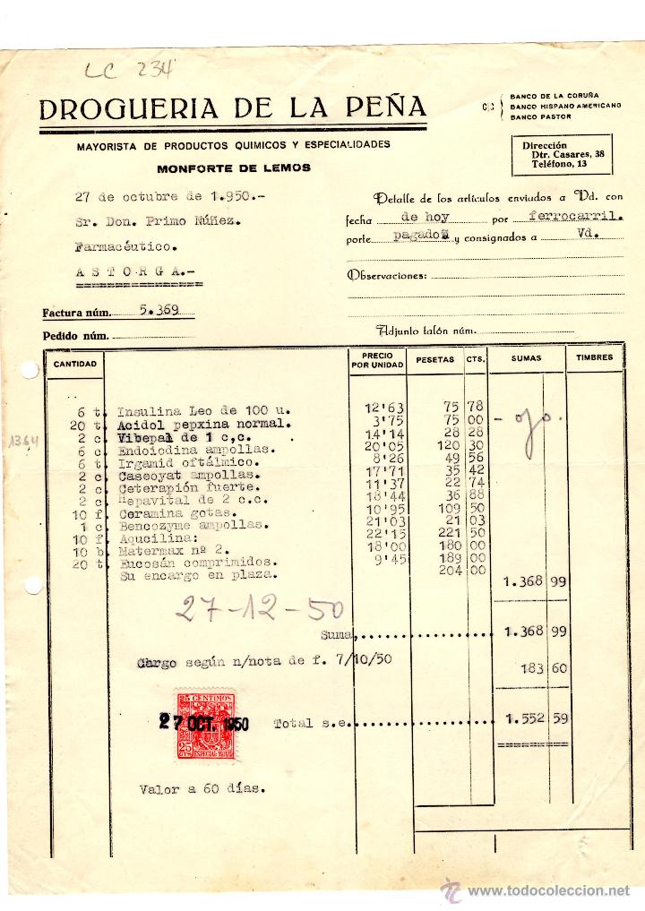 Old Invoices: FACTURA.DROGUERIA DE LA PE&Ntilde;A. FARMACIA,ASTORGA,1950..