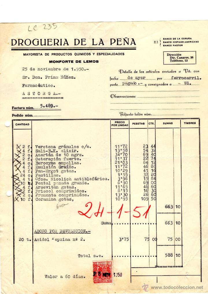 Old Invoices: FACTURA.DROGUERIA DE LA PE&Ntilde;A. FARMACIA,ASTORGA,1951.