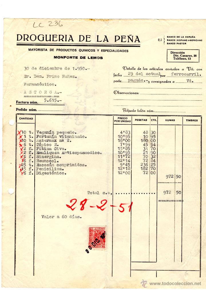 Old Invoices: FACTURA.DROGUERIA DE LA PE&Ntilde;A. FARMACIA,ASTORGA,1951.