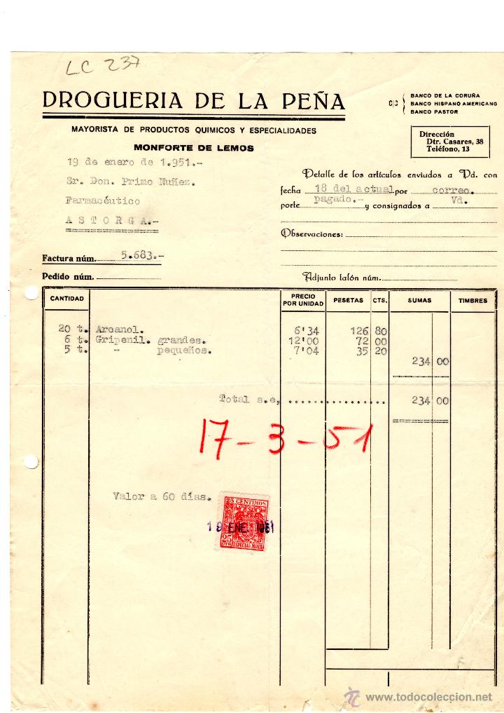 Old Invoices: FACTURA.DROGUERIA DE LA PE&Ntilde;A. FARMACIA,ASTORGA,1951.