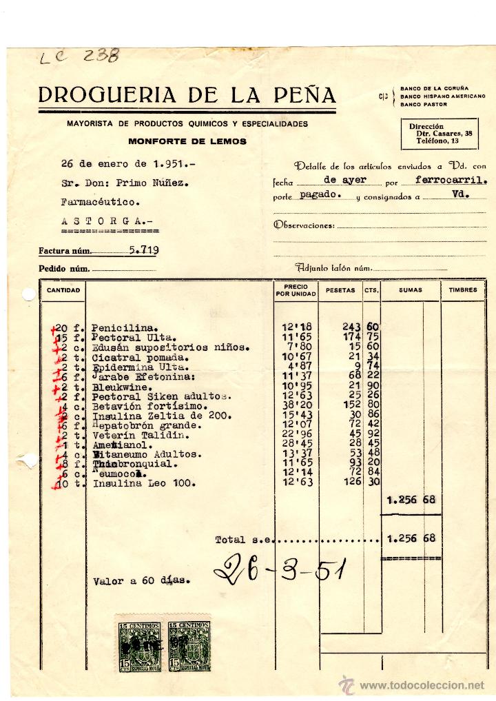 Old Invoices: FACTURA.DROGUERIA DE LA PE&Ntilde;A. FARMACIA,ASTORGA,1951.