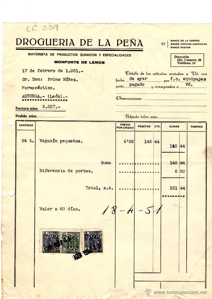 Old Invoices: FACTURA.DROGUERIA DE LA PE&Ntilde;A. FARMACIA,ASTORGA,1951.