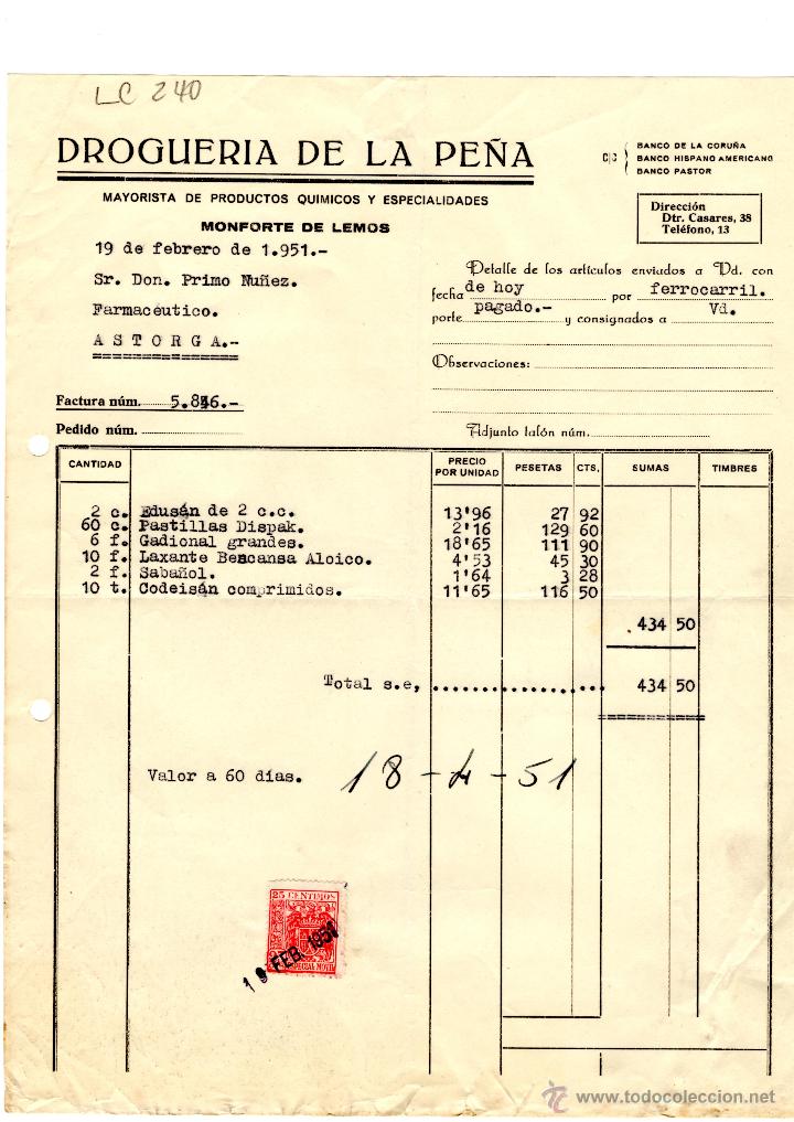 Old Invoices: FACTURA.DROGUERIA DE LA PE&Ntilde;A. FARMACIA,ASTORGA,1951.