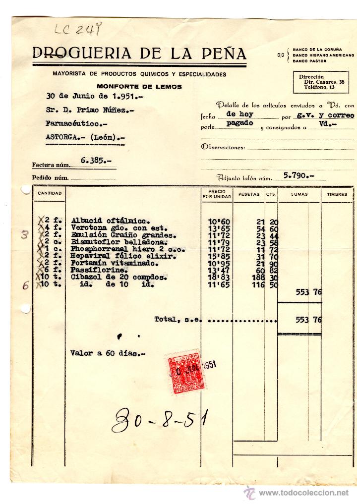 Old Invoices: FACTURA.DROGUERIA DE LA PE&Ntilde;A. FARMACIA,ASTORGA,1951.