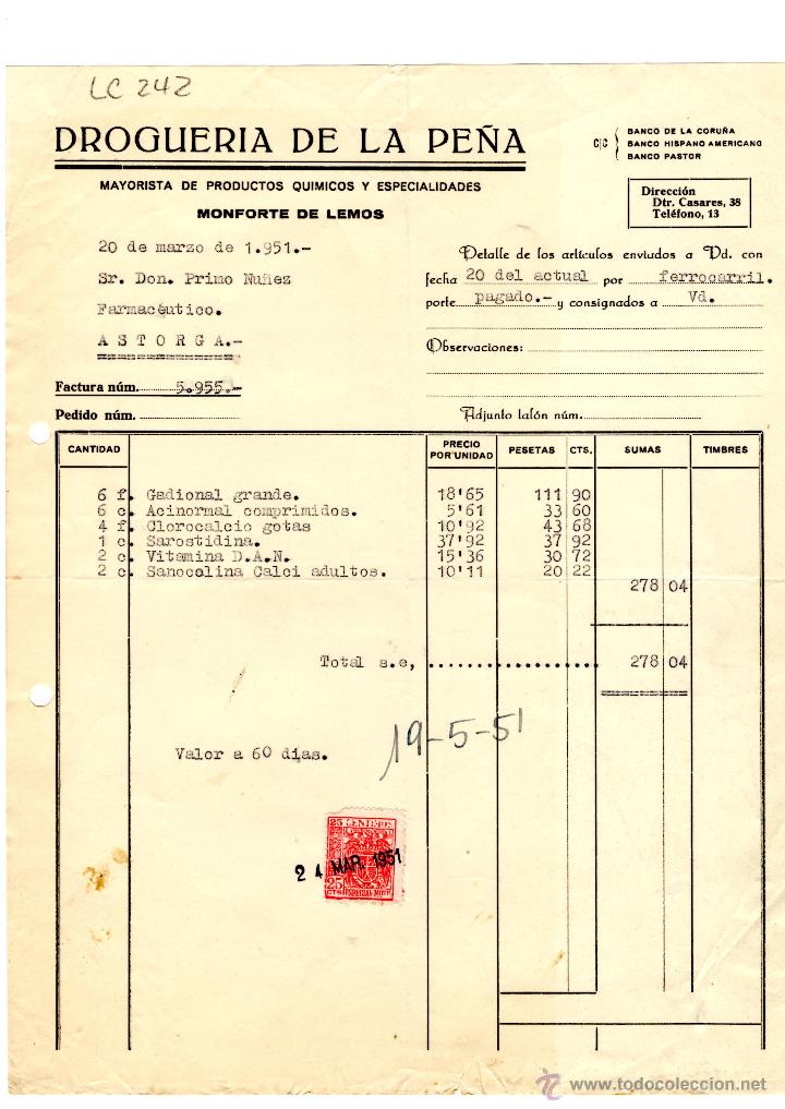 Old Invoices: FACTURA.DROGUERIA DE LA PE&Ntilde;A. FARMACIA,ASTORGA,1951.