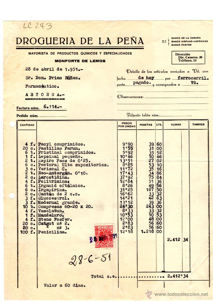 Old Invoices: FACTURA.DROGUERIA DE LA PE&Ntilde;A. FARMACIA,ASTORGA,1951.