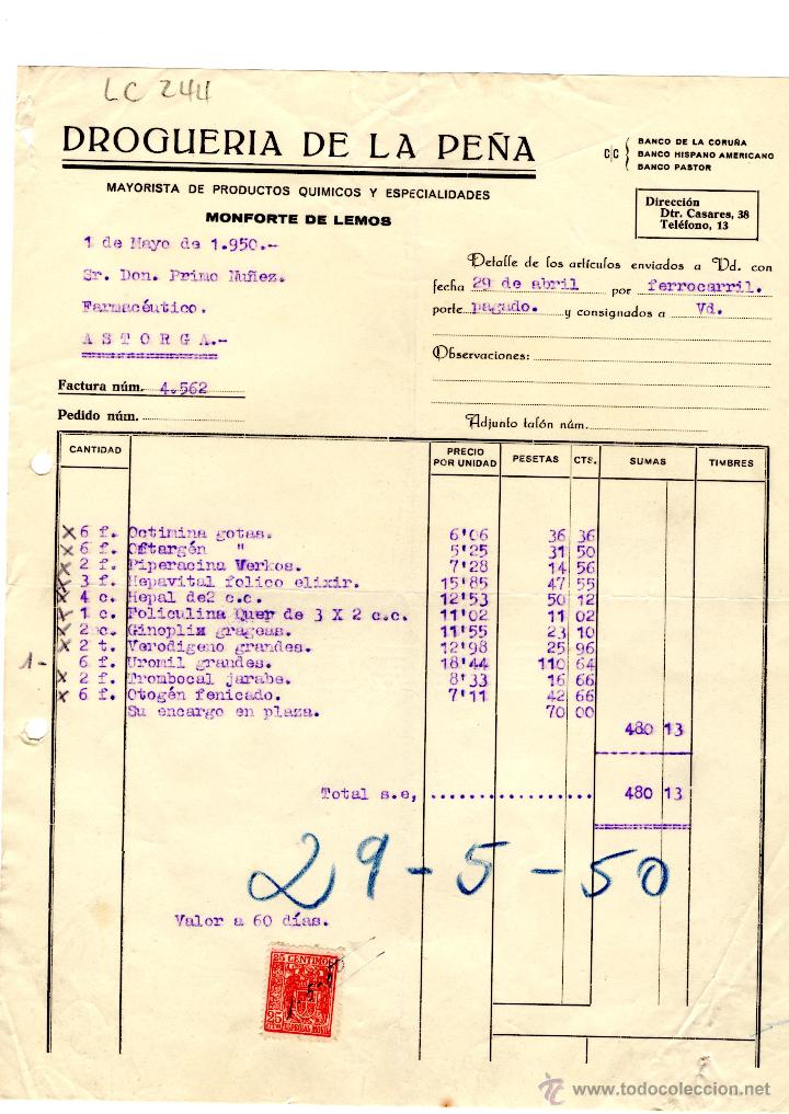 Old Invoices: FACTURA.DROGUERIA DE LA PE&Ntilde;A. FARMACIA,ASTORGA,1950.