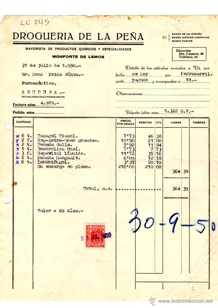 Old Invoices: FACTURA.DROGUERIA DE LA PE&Ntilde;A. FARMACIA,ASTORGA,1950.