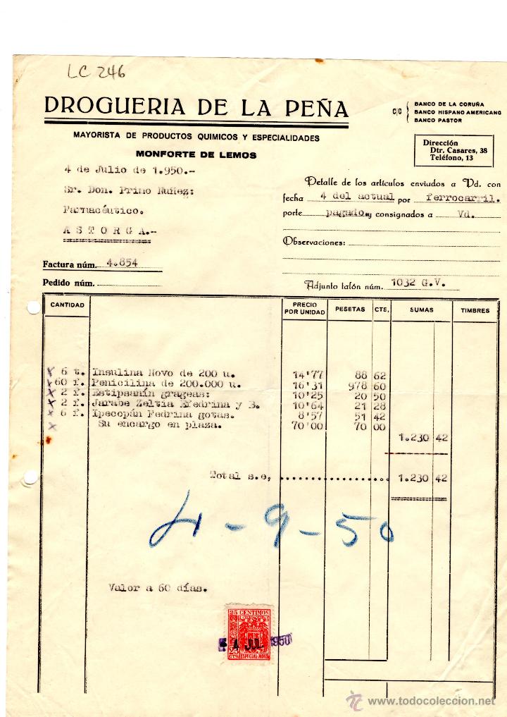Old Invoices: FACTURA.DROGUERIA DE LA PE&Ntilde;A. FARMACIA,ASTORGA,1950.