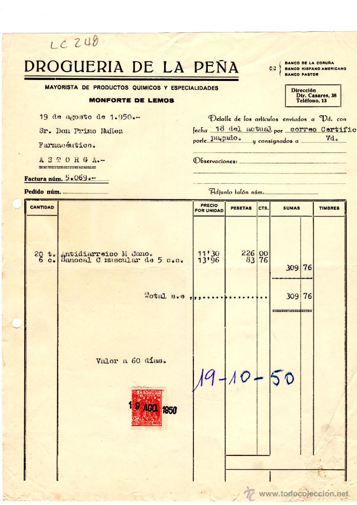 Old Invoices: FACTURA.DROGUERIA DE LA PE&Ntilde;A. FARMACIA,ASTORGA,1950.