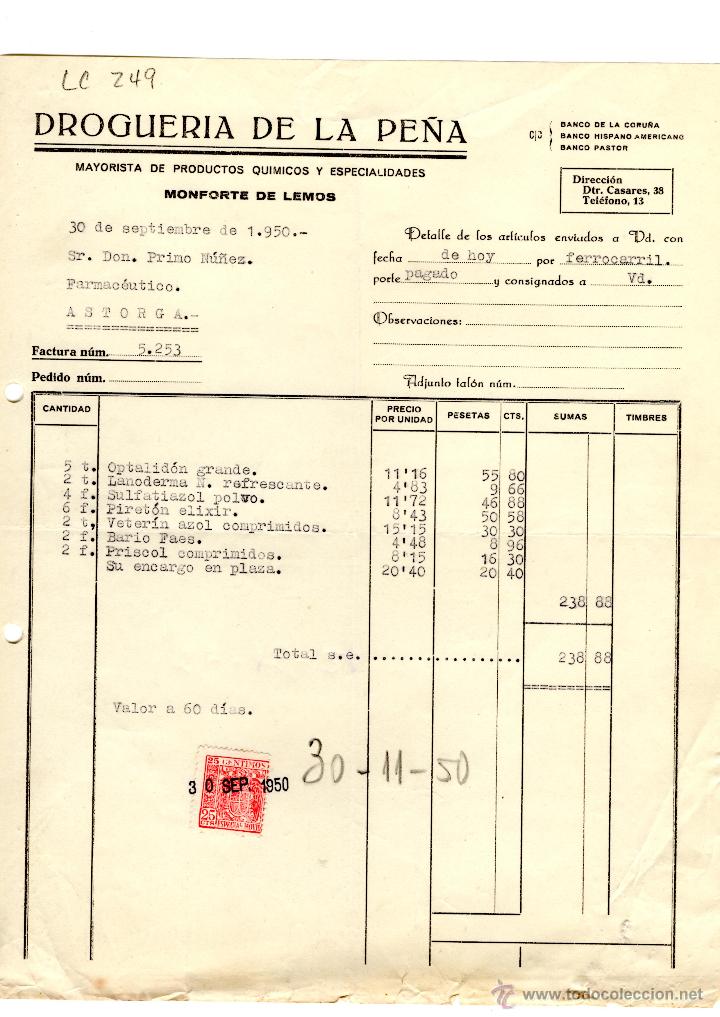 Old Invoices: FACTURA.DROGUERIA DE LA PE&Ntilde;A. FARMACIA,ASTORGA,1950.