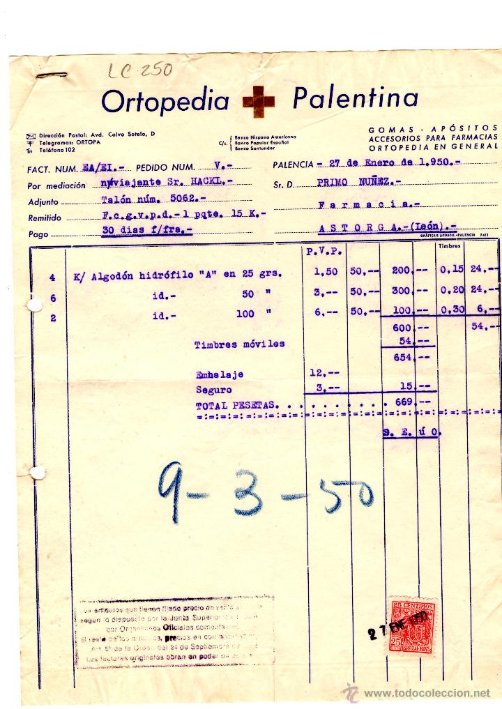 Facturas antiguas: FACTURA.ORTOPEDIA PALENTINA .FARMACIA.ASTORGA,1950.