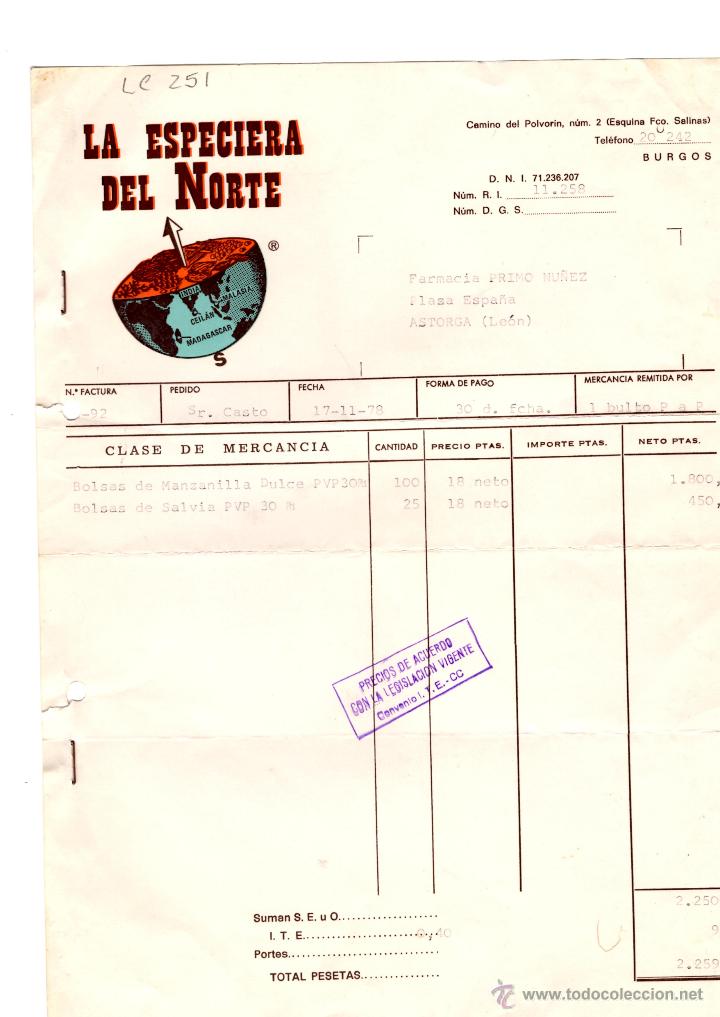 Facturas antiguas: FACTURA.LA ESPECIERA DEL NORTE.ASTORGA,1978.