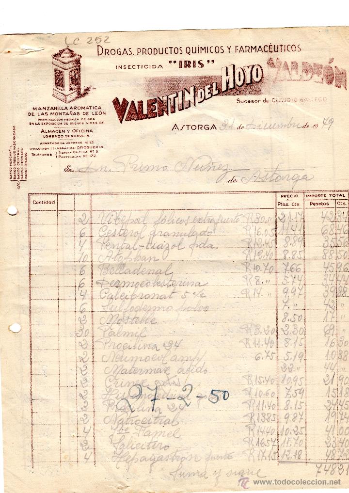 Facturas antiguas: FACTURA.VALENTIN DEL HOYO VALDEON,INSECTICIDA,ASTORGA,1949.
