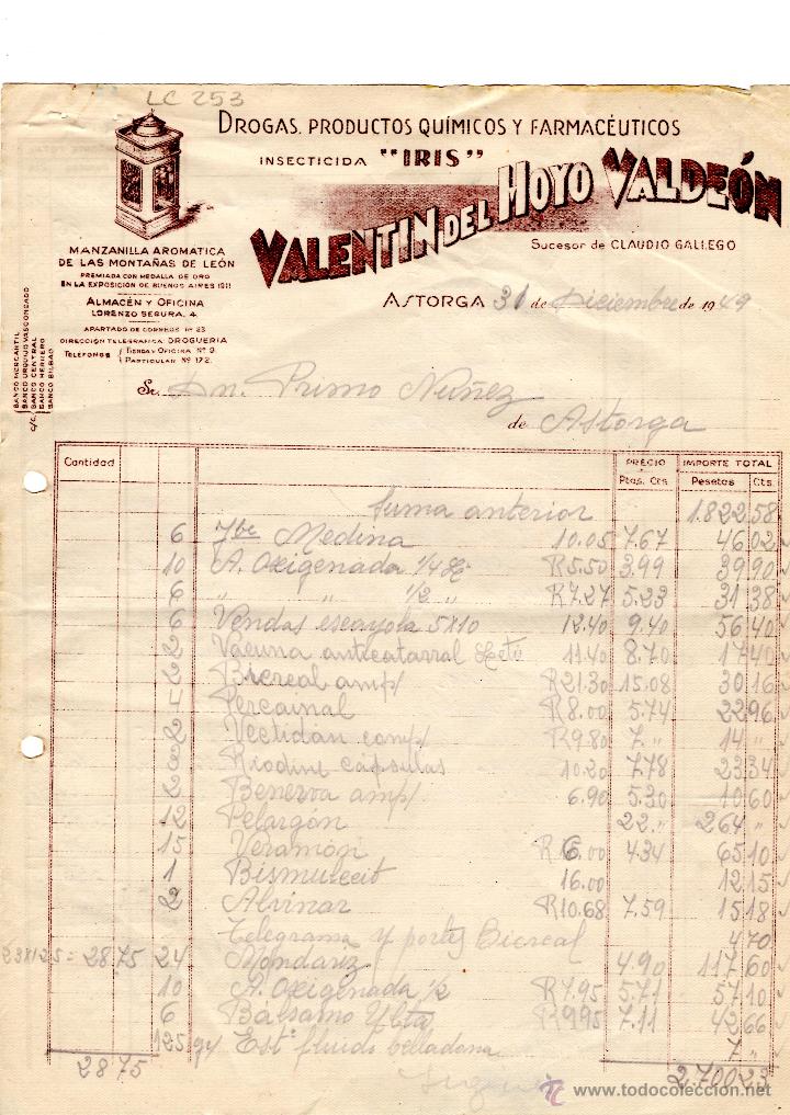 Facturas antiguas: FACTURA.VALENTIN DEL HOYO VALDEON,INSECTICIDA,ASTORGA,1949.