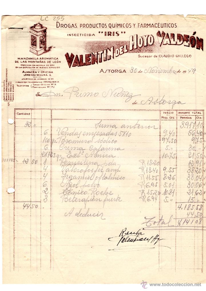 Facturas antiguas: FACTURA.VALENTIN DEL HOYO VALDEON,INSECTICIDA,ASTORGA,1949.