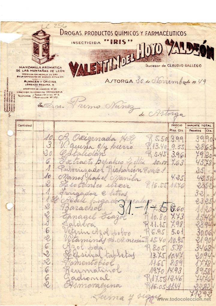 Facturas antiguas: FACTURA.VALENTIN DEL HOYO VALDEON,INSECTICIDA,ASTORGA,1949.